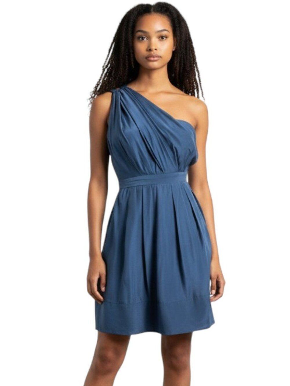 Jennifer Hope Silk One Shoulder Mini Dress Draped Empire Waist Steel Blue Size 0